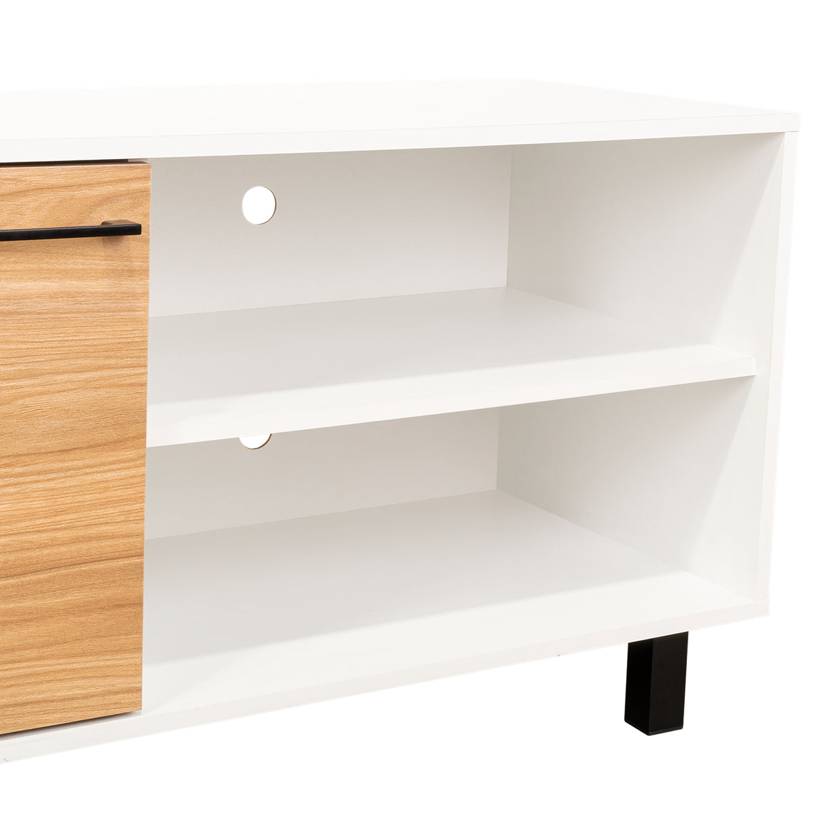Rack de TV Bryce Blanco y Fresno Europeo 140x53cm Para TV Hasta 65" Pulgadas con Cuatro Compartimientos - MUEBLES DE TV | Bylmo