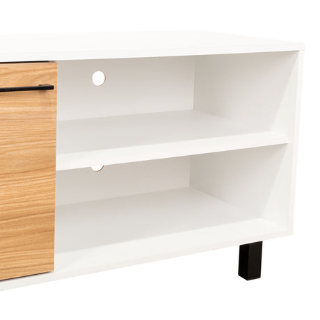 Rack de TV Bryce Blanco y Fresno Europeo 140x53cm Para TV Hasta 65" Pulgadas con Cuatro Compartimientos - MUEBLES DE TV | Bylmo