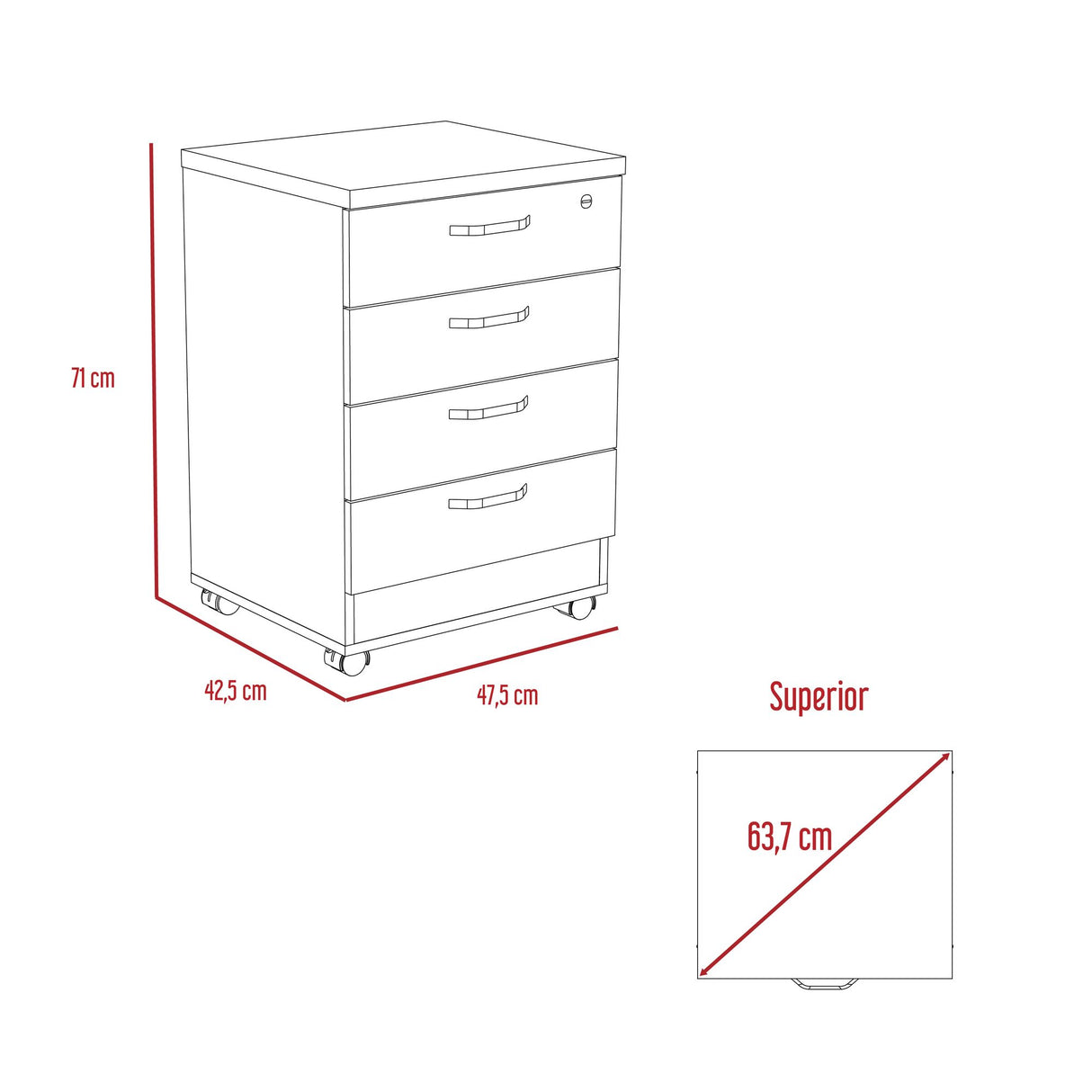 Archivador Home Office Coñac 47.5x71cm Carta con Ruedas con Tres Cajones y con Cerradura - ARCHIVADORES | Bylmo