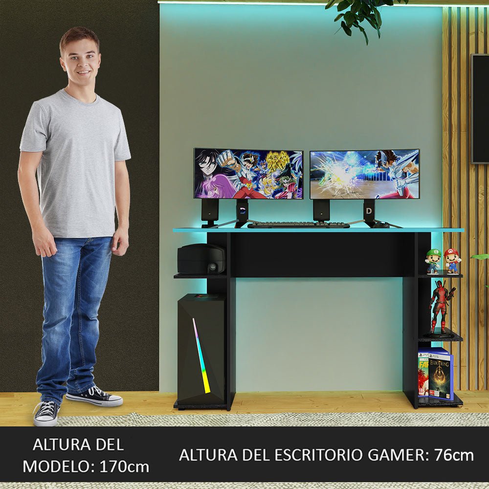 Escritorio Gamer Negro y Azul 120x76cm con Organizador de Libros - ESCRITORIOS | Bylmo