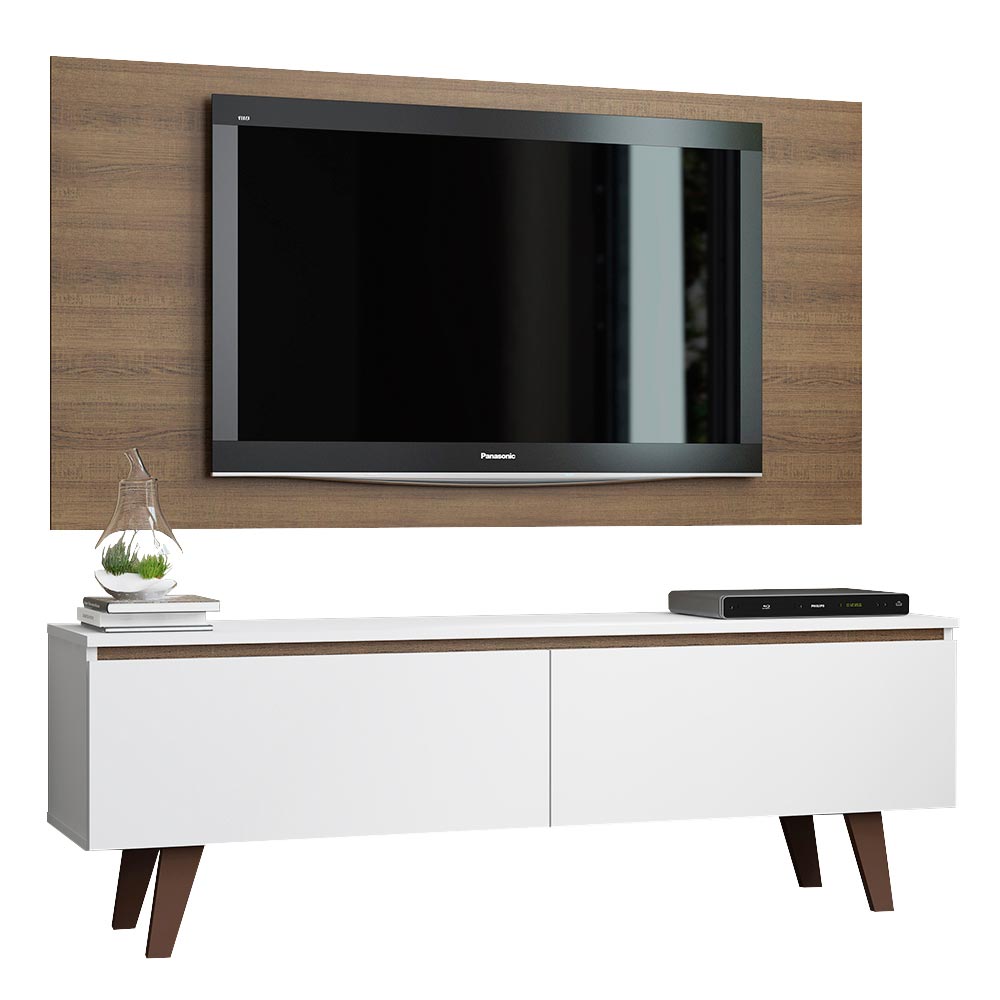 Combo Mueble y Panel de TV Le Mans Blanco y Marron 136x72cm para TV Hasta 55" Pulgadas con Ranuras para Cables y con Dos Compartimientos - MUEBLES DE TV | Bylmo