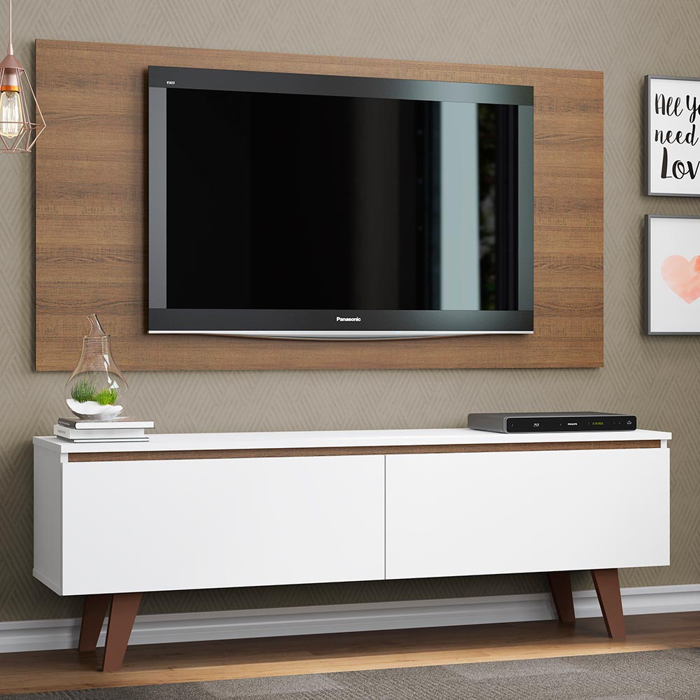 Combo Mueble y Panel de TV Le Mans Blanco y Marron 136x72cm para TV Hasta 55" Pulgadas con Ranuras para Cables y con Dos Compartimientos - MUEBLES DE TV | Bylmo