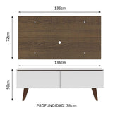 Combo Mueble y Panel de TV Le Mans Blanco y Marron 136x72cm para TV Hasta 55" Pulgadas con Ranuras para Cables y con Dos Compartimientos - MUEBLES DE TV | Bylmo