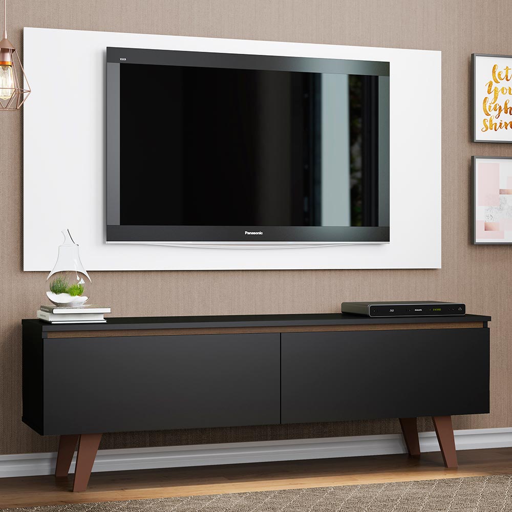 Combo Mueble y Panel de TV Le Mans Negro y Blanco 136x72cm para TV Hasta 55" Pulgadas con Ranuras para Cables y con Dos Compartimientos - MUEBLES DE TV | Bylmo