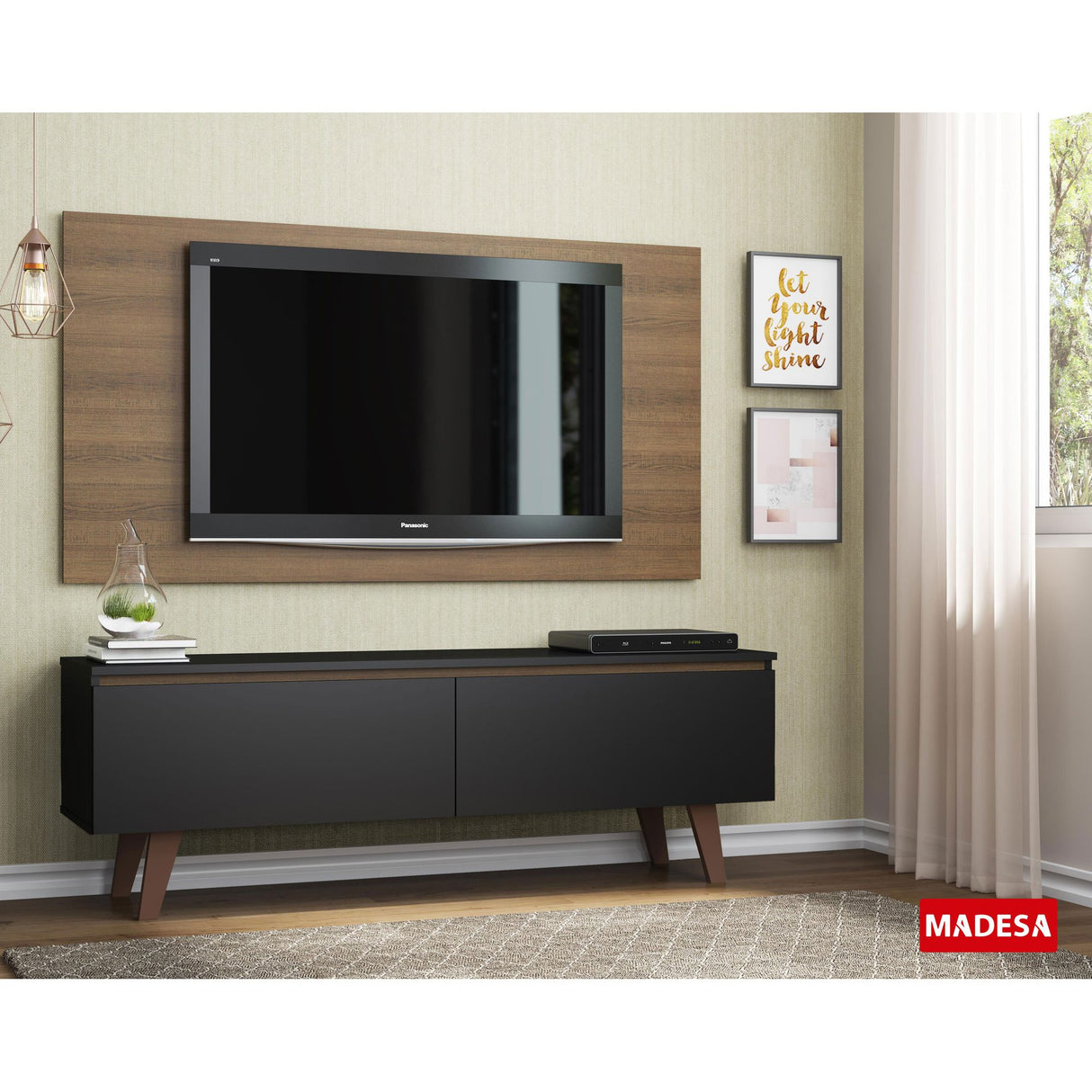 Combo Mueble y Panel de TV Le Mans Negro y Marron 136x72cm para TV Hasta 55" Pulgadas con Ranuras para Cables y con Dos Compartimientos - MUEBLES DE TV | Bylmo