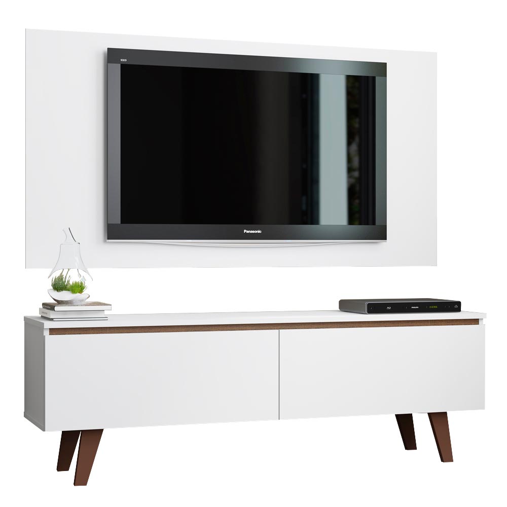 Combo Mueble y Panel de TV Le Mans Blanco 136x72cm para TV Hasta 55" Pulgadas con Ranuras para Cables y con Dos Compartimientos - MUEBLES DE TV | Bylmo