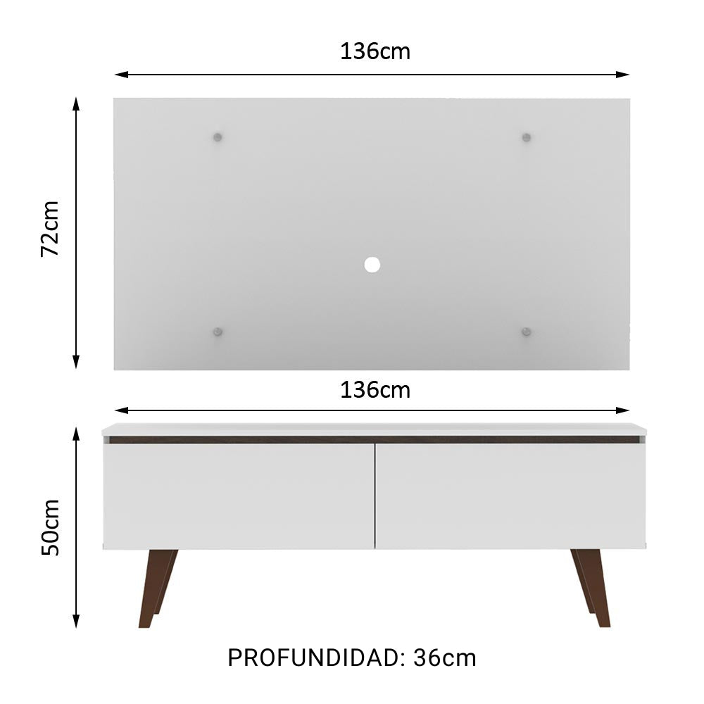 Combo Mueble y Panel de TV Le Mans Blanco 136x72cm para TV Hasta 55" Pulgadas con Ranuras para Cables y con Dos Compartimientos - MUEBLES DE TV | Bylmo