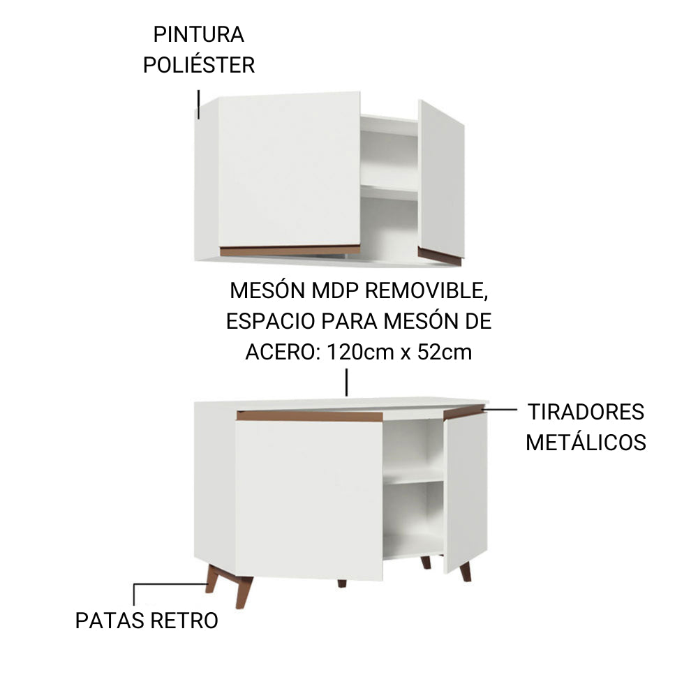 Combo Mueble Superior e Inferior de Cocina Reims Blanco 120x210cm con Mesón de Madera Aglomerada MPD y sin Estufa - MUEBLES INFERIORES DE COCINA | Bylmo