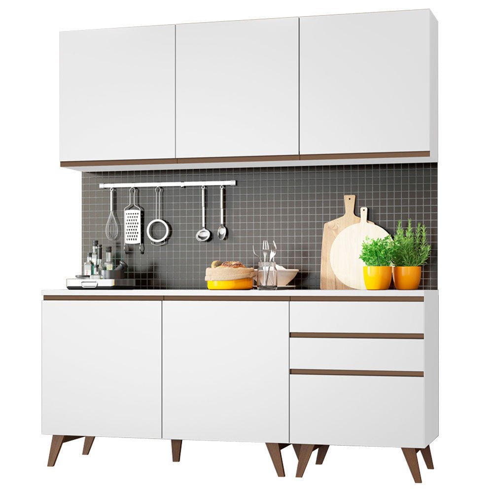 Cocina Integral Modular Reims Blanco 180x210cm con Mesón de Madera Aglomerada Mdp sin Estufa con Tres Cajones y con Nueve Entrepaños - COCINAS | Bylmo