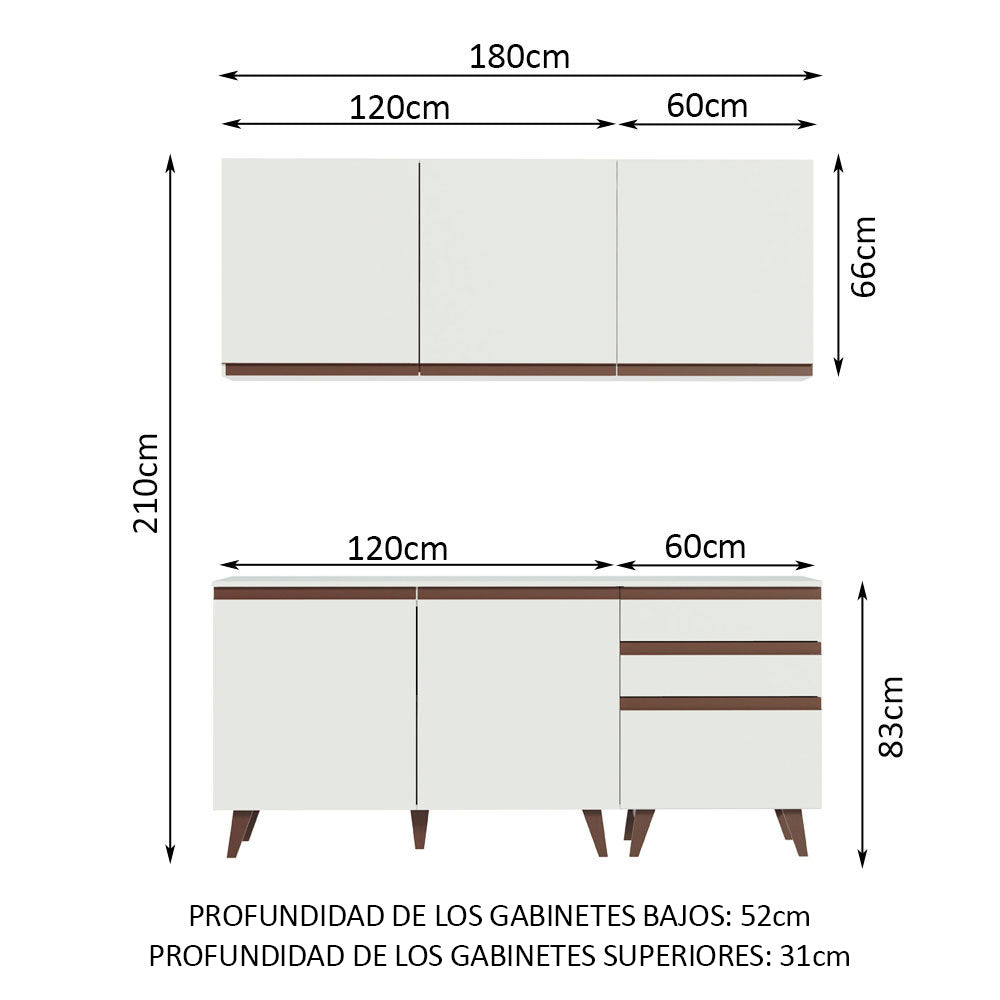 Cocina Integral Modular Reims Blanco 180x210cm con Mesón de Madera Aglomerada Mdp sin Estufa con Tres Cajones y con Nueve Entrepaños - COCINAS | Bylmo