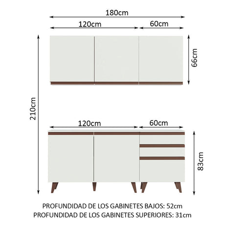 Cocina Integral Modular Reims Blanco 180x210cm con Mesón de Madera Aglomerada Mdp sin Estufa con Tres Cajones y con Nueve Entrepaños - COCINAS | Bylmo