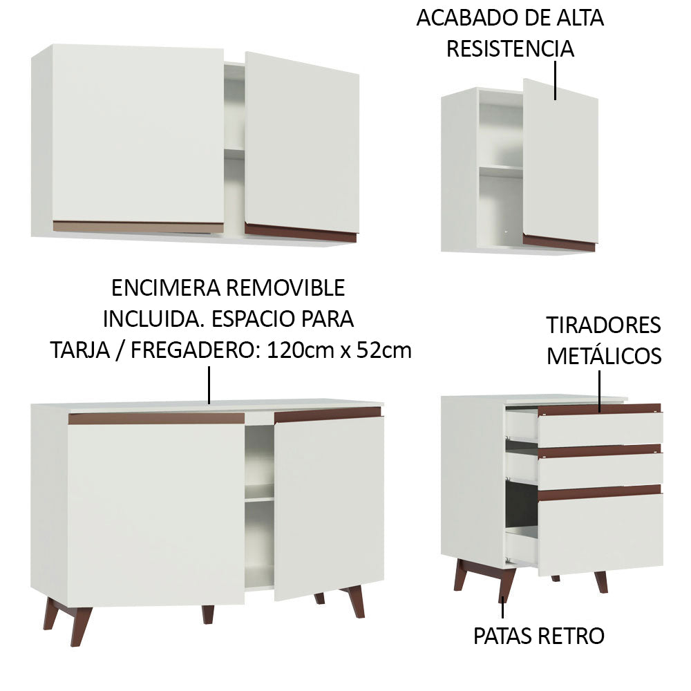 Cocina Integral Modular Reims Blanco 180x210cm con Mesón de Madera Aglomerada Mdp sin Estufa con Tres Cajones y con Nueve Entrepaños - COCINAS | Bylmo