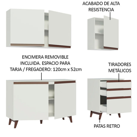 Cocina Integral Modular Reims Blanco 180x210cm con Mesón de Madera Aglomerada Mdp sin Estufa con Tres Cajones y con Nueve Entrepaños - COCINAS | Bylmo