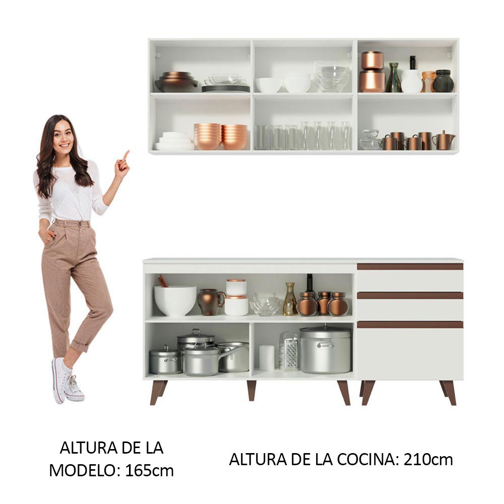 Cocina Integral Modular Reims Blanco 180x210cm con Mesón de Madera Aglomerada Mdp sin Estufa con Tres Cajones y con Nueve Entrepaños - COCINAS | Bylmo