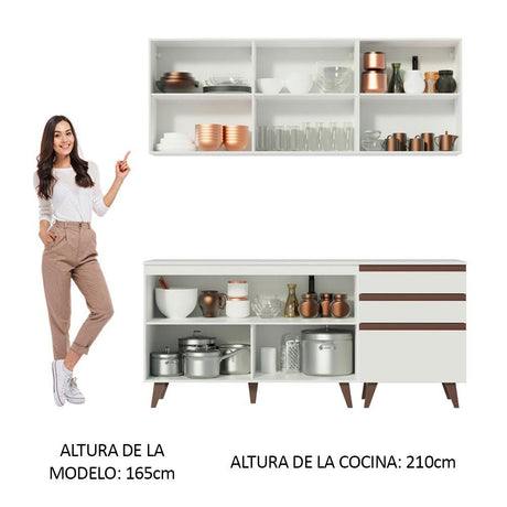 Cocina Integral Modular Reims Blanco 180x210cm con Mesón de Madera Aglomerada Mdp sin Estufa con Tres Cajones y con Nueve Entrepaños - COCINAS | Bylmo