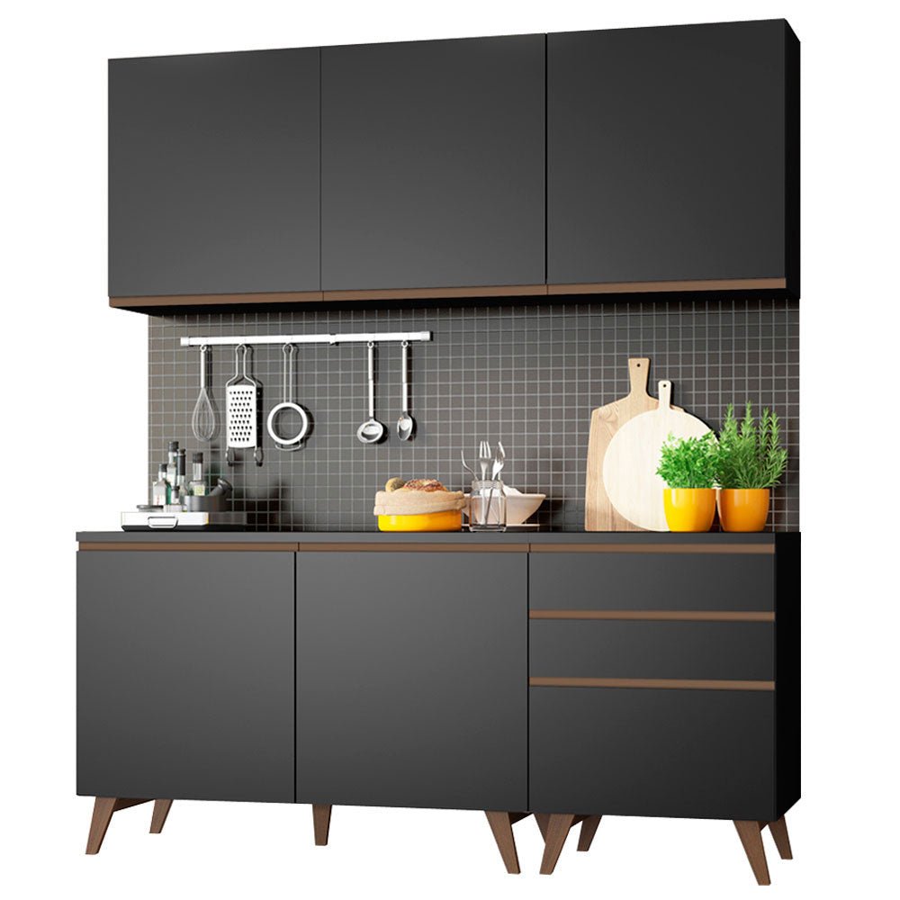 Cocina Integral Modular Reims Negro 180x210cm con Mesón de Madera Aglomerada Mdp sin Estufa con Tres Cajones y con Nueve Entrepaños - COCINAS | Bylmo