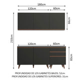 Cocina Integral Modular Reims Negro 180x210cm con Mesón de Madera Aglomerada Mdp sin Estufa con Tres Cajones y con Nueve Entrepaños - COCINAS | Bylmo