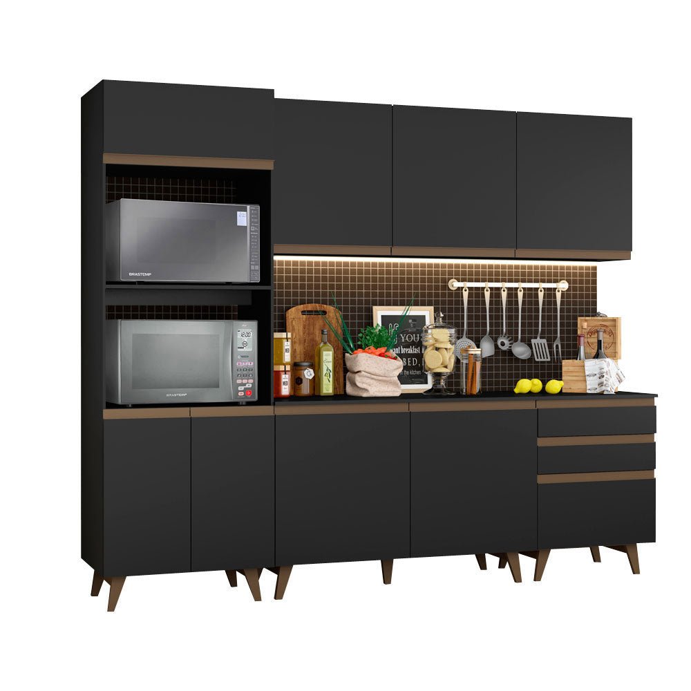 Cocina Integral Modular Reims Negro 250x210cm con Mesón de Madera Aglomerada Mdp sin Estufa con Tres Cajones y con Catorce Entrepaños - COCINAS | Bylmo