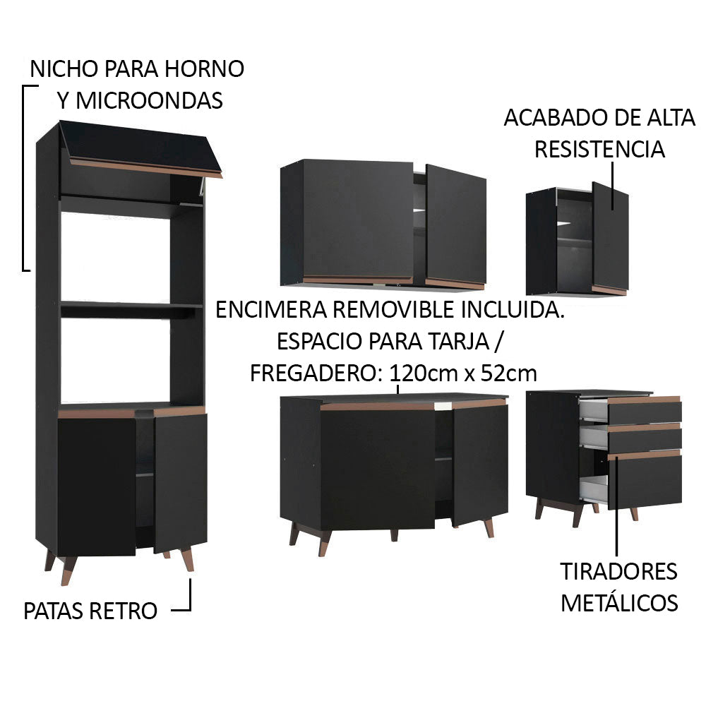 Cocina Integral Modular Reims Negro 250x210cm con Mesón de Madera Aglomerada Mdp sin Estufa con Tres Cajones y con Catorce Entrepaños - COCINAS | Bylmo
