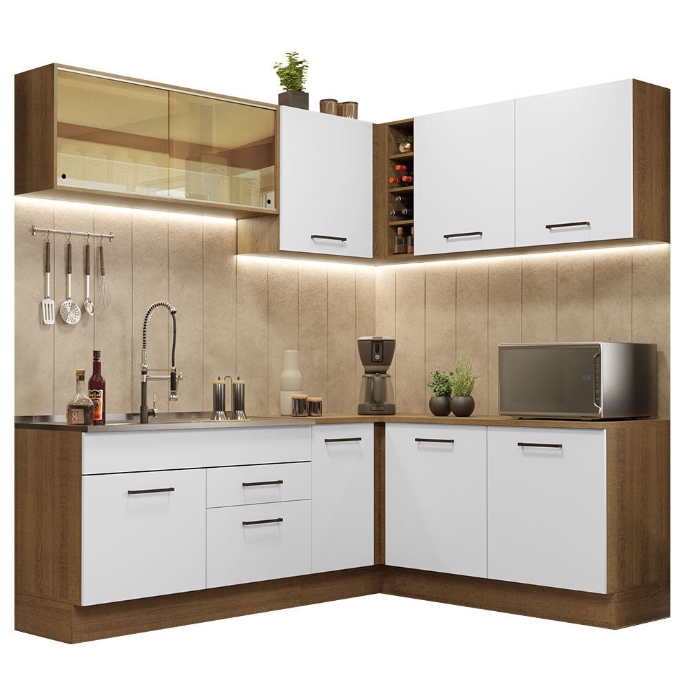 Cocina Integral Esquinero Modular Agata Marron y Blanco 389x225cm sin Mesón sin Estufa con Dos Cajones y con Veinte Entrepaños - COCINAS | Bylmo