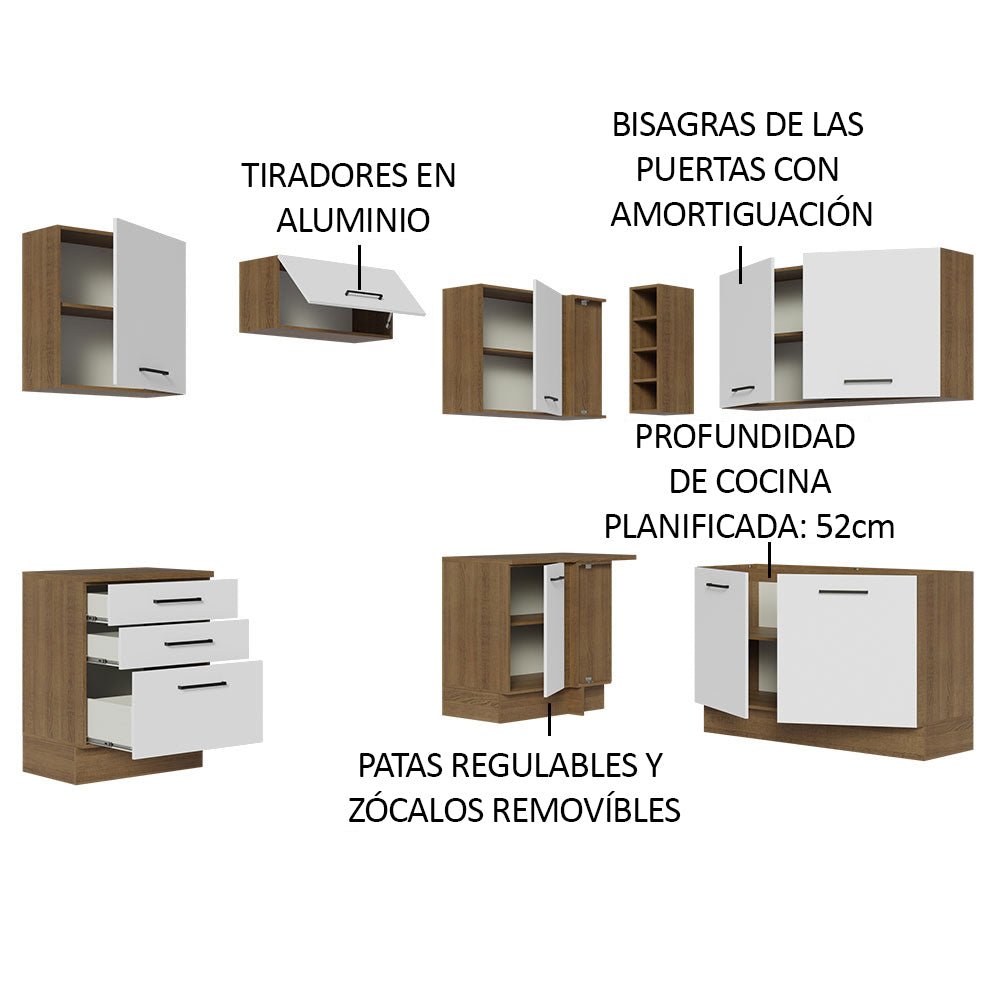 Cocina Integral Esquinero Modular Agata Marron y Blanco 399x225cm sin Mesón sin Estufa con Tres Cajones y con Dieciocho Entrepaños - COCINAS | Bylmo