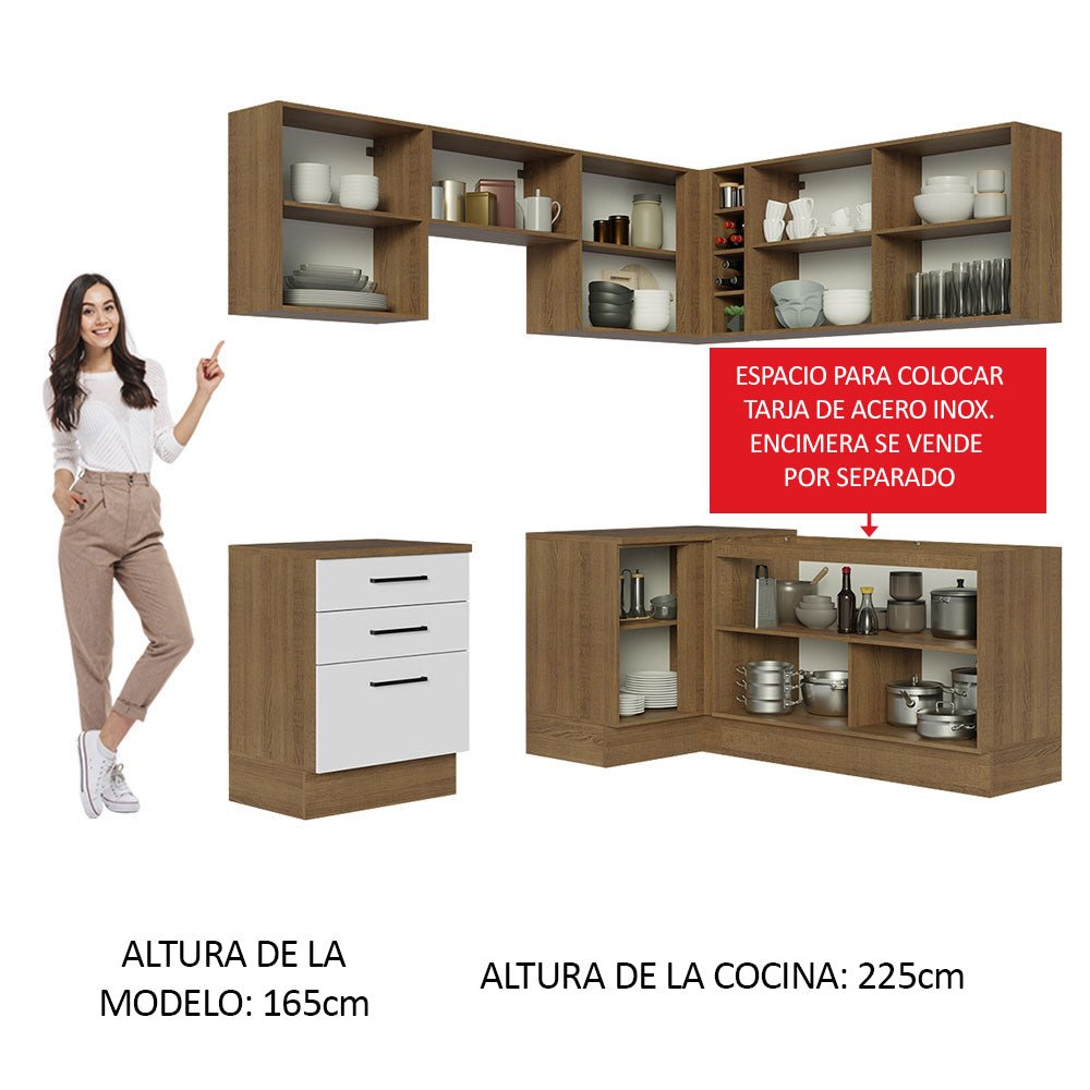 Cocina Integral Esquinero Modular Agata Marron y Blanco 399x225cm sin Mesón sin Estufa con Tres Cajones y con Dieciocho Entrepaños - COCINAS | Bylmo