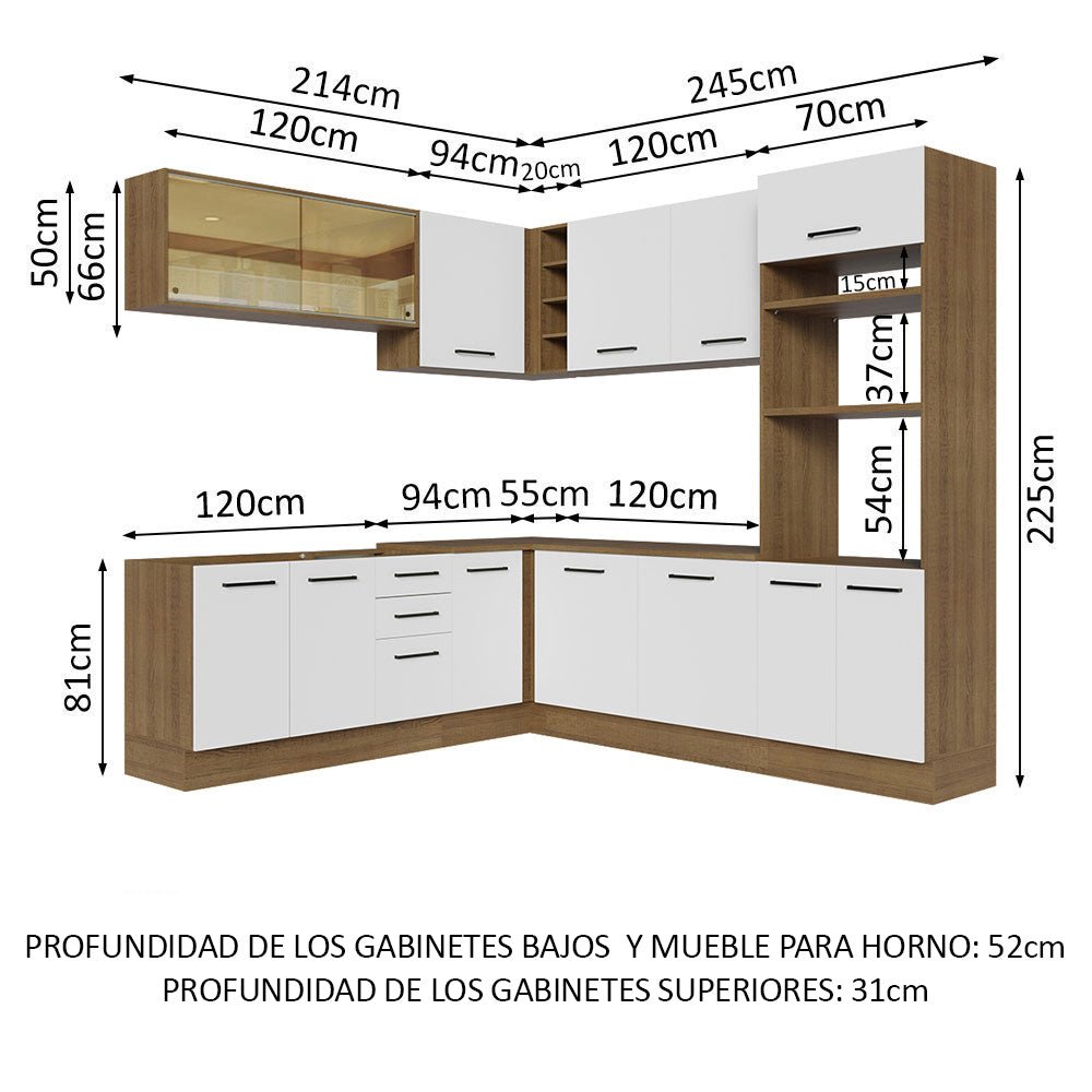 Cocina Integral Esquinero Modular Agata Marron y Blanco 459x225cm sin Mesón sin Estufa con Tres Cajones y con Veintisiete Entrepaños - COCINAS | Bylmo