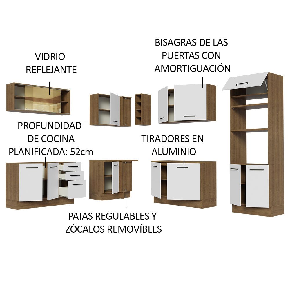 Cocina Integral Esquinero Modular Agata Marron y Blanco 459x225cm sin Mesón sin Estufa con Tres Cajones y con Veintisiete Entrepaños - COCINAS | Bylmo