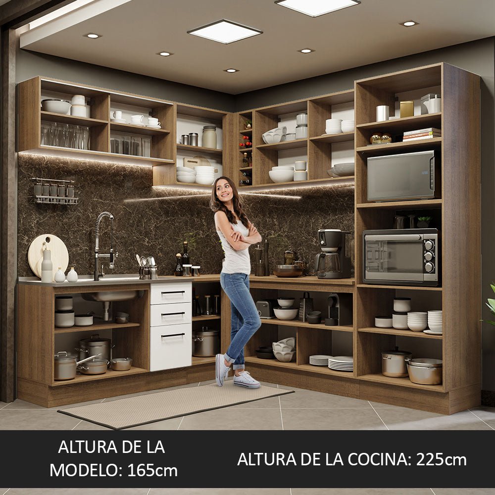 Cocina Integral Esquinero Modular Agata Marron y Blanco 459x225cm sin Mesón sin Estufa con Tres Cajones y con Veintisiete Entrepaños - COCINAS | Bylmo
