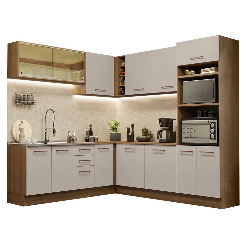 Cocina Integral Esquinero Modular Agata Marron y Crema 459x225cm sin Mesón sin Estufa con Tres Cajones y con Veintisiete Entrepaños - COCINAS | Bylmo