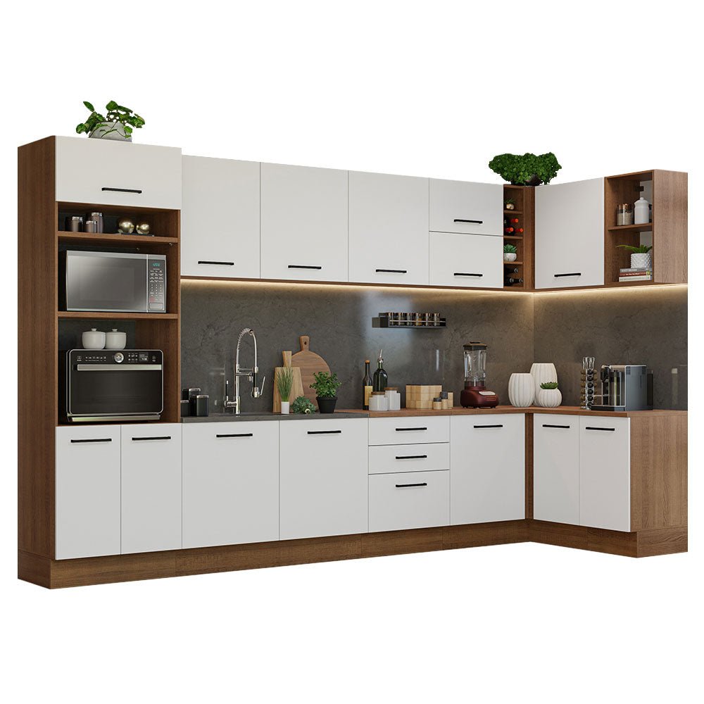 Cocina Integral Esquinero Modular Agata Marron y Blanco 499x225cm sin Mesón sin Estufa con Tres Cajones y con Treinta y uno Entrepaños - COCINAS | Bylmo