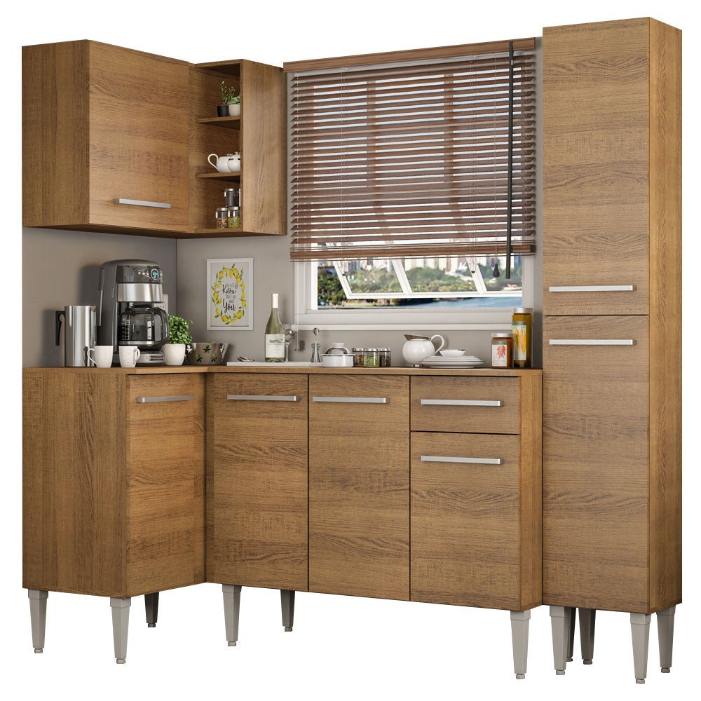 Cocina Integral Esquinero Modular Emilly Song Marron 261x186cm con Mesón de Madera Aglomerada Mdp sin Estufa con Un Cajón y con Catorce Entrepaños - COCINAS | Bylmo