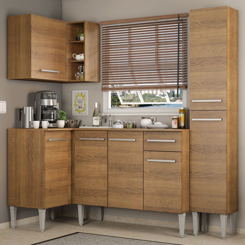 Cocina Integral Esquinero Modular Emilly Song Marron 261x186cm con Mesón de Madera Aglomerada Mdp sin Estufa con Un Cajón y con Catorce Entrepaños - COCINAS | Bylmo