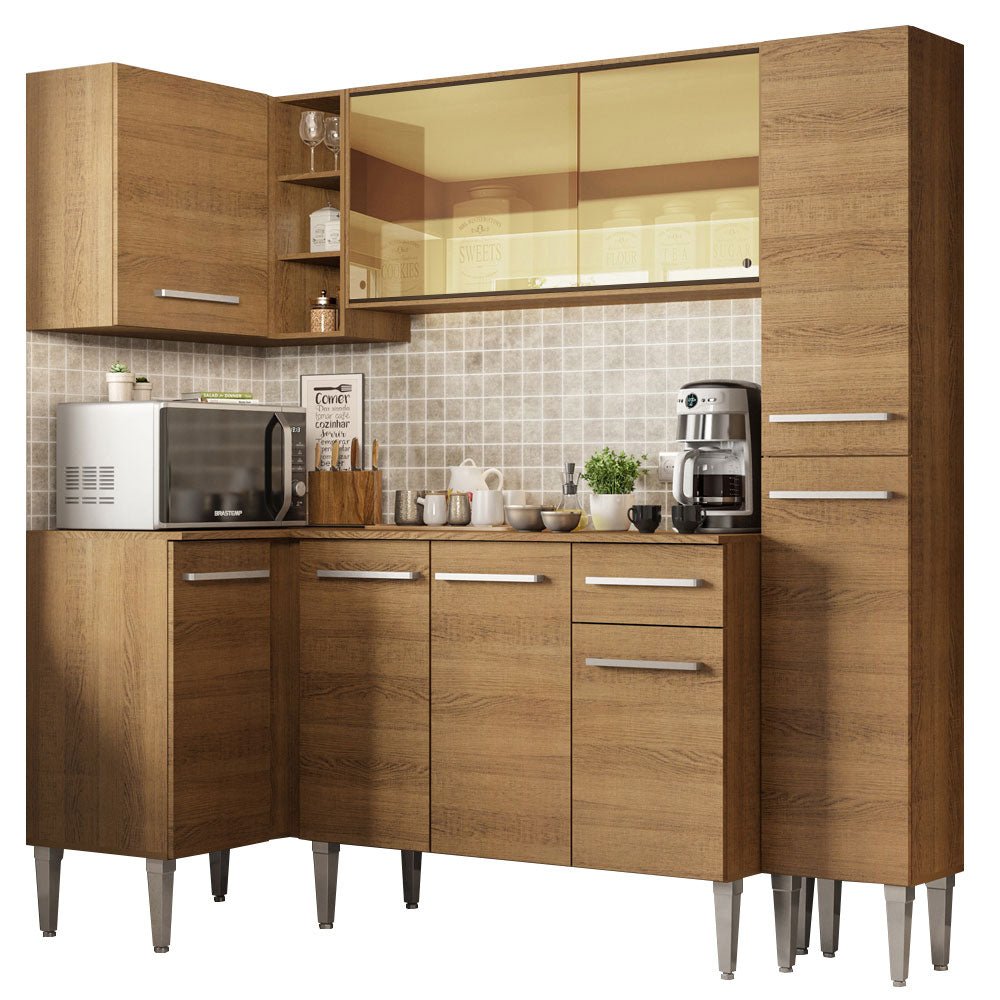 Cocina Integral Esquinero Modular Emilly River Marron 261x186cm con Mesón de Madera Aglomerada Mdp sin Estufa con Un Cajón y con Dieciséis Entrepaños - COCINAS | Bylmo