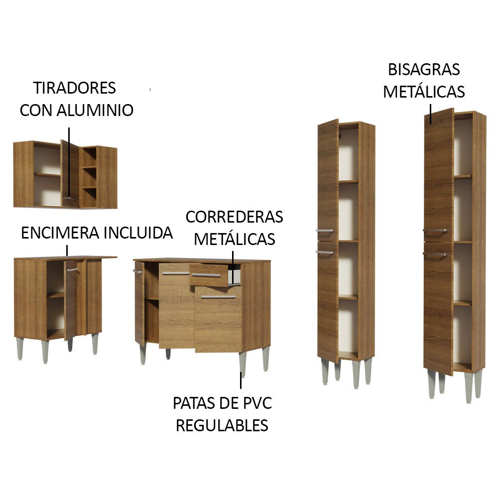 Cocina Integral Esquinero Modular Emilly Music Marron 293x186cm con Mesón de Madera Aglomerada Mdp sin Estufa con Un Cajón y con Dieciocho Entrepaños - COCINAS | Bylmo