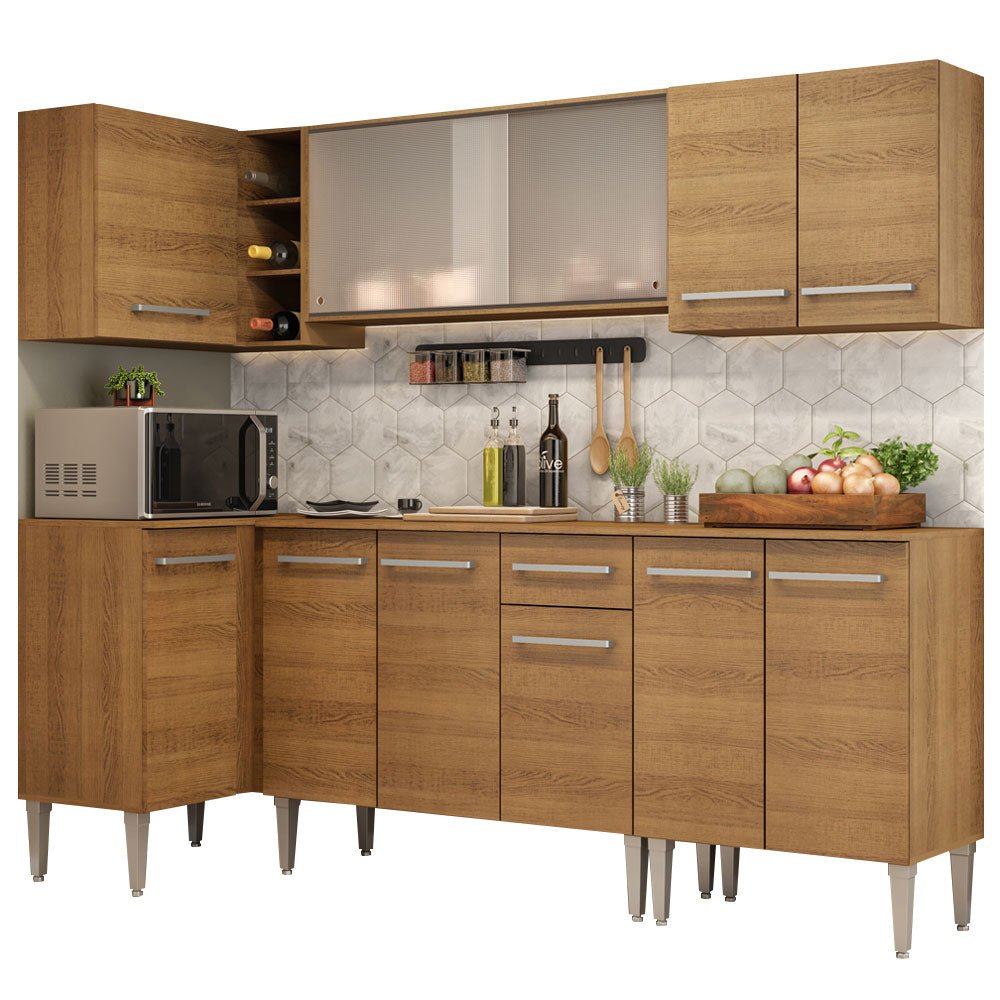 Cocina Integral Esquinero Modular Emilly Point Marron 293x186cm con Mesón de Madera Aglomerada Mdp sin Estufa con Un Cajón y con Dieciséis Entrepaños - COCINAS | Bylmo