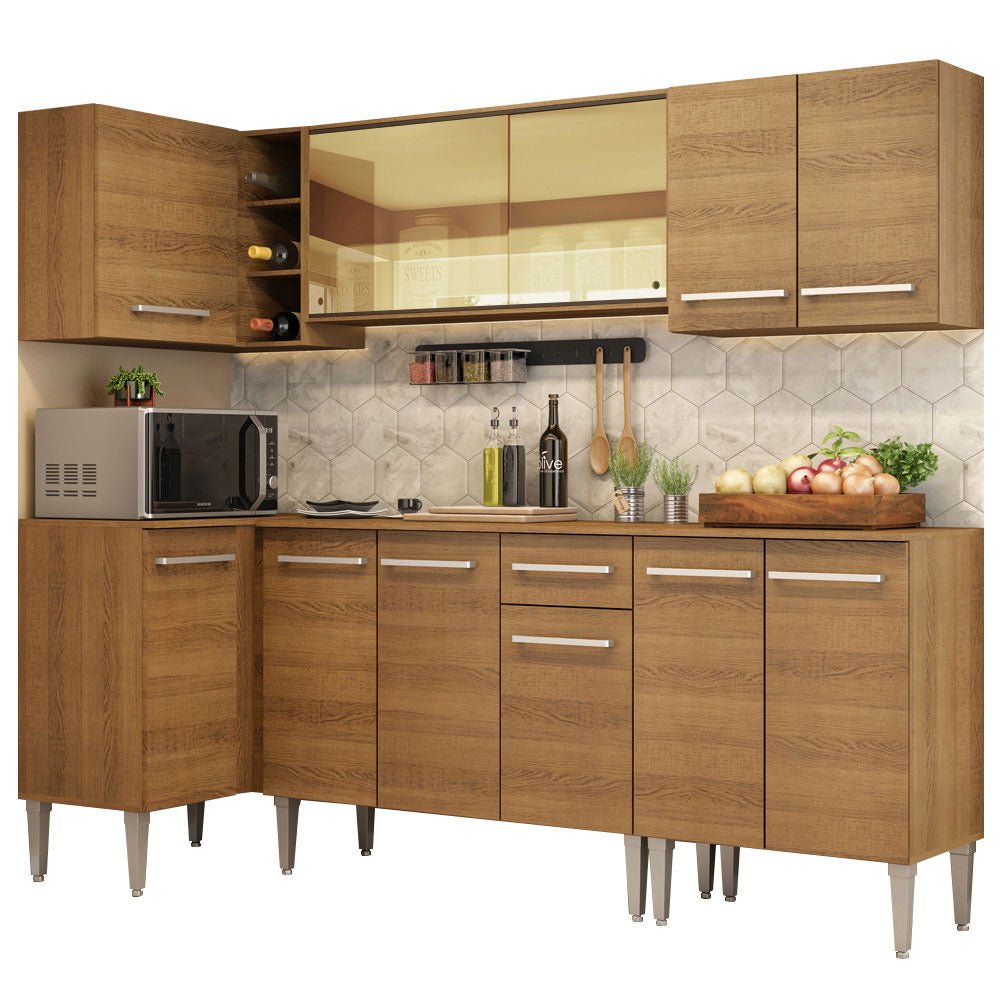 Cocina Integral Esquinero Modular Emilly Play Marron 293x186cm con Mesón de Madera Aglomerada Mdp sin Estufa con Un Cajón y con Dieciséis Entrepaños - COCINAS | Bylmo