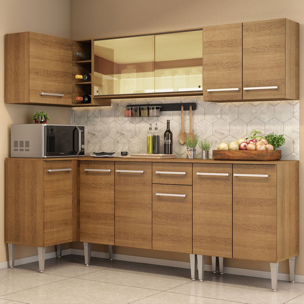 Cocina Integral Esquinero Modular Emilly Play Marron 293x186cm con Mesón de Madera Aglomerada Mdp sin Estufa con Un Cajón y con Dieciséis Entrepaños - COCINAS | Bylmo