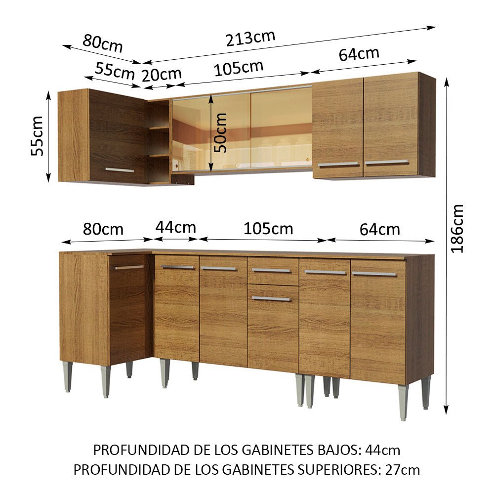 Cocina Integral Esquinero Modular Emilly Play Marron 293x186cm con Mesón de Madera Aglomerada Mdp sin Estufa con Un Cajón y con Dieciséis Entrepaños - COCINAS | Bylmo