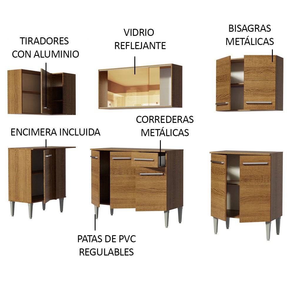 Cocina Integral Esquinero Modular Emilly Play Marron 293x186cm con Mesón de Madera Aglomerada Mdp sin Estufa con Un Cajón y con Dieciséis Entrepaños - COCINAS | Bylmo