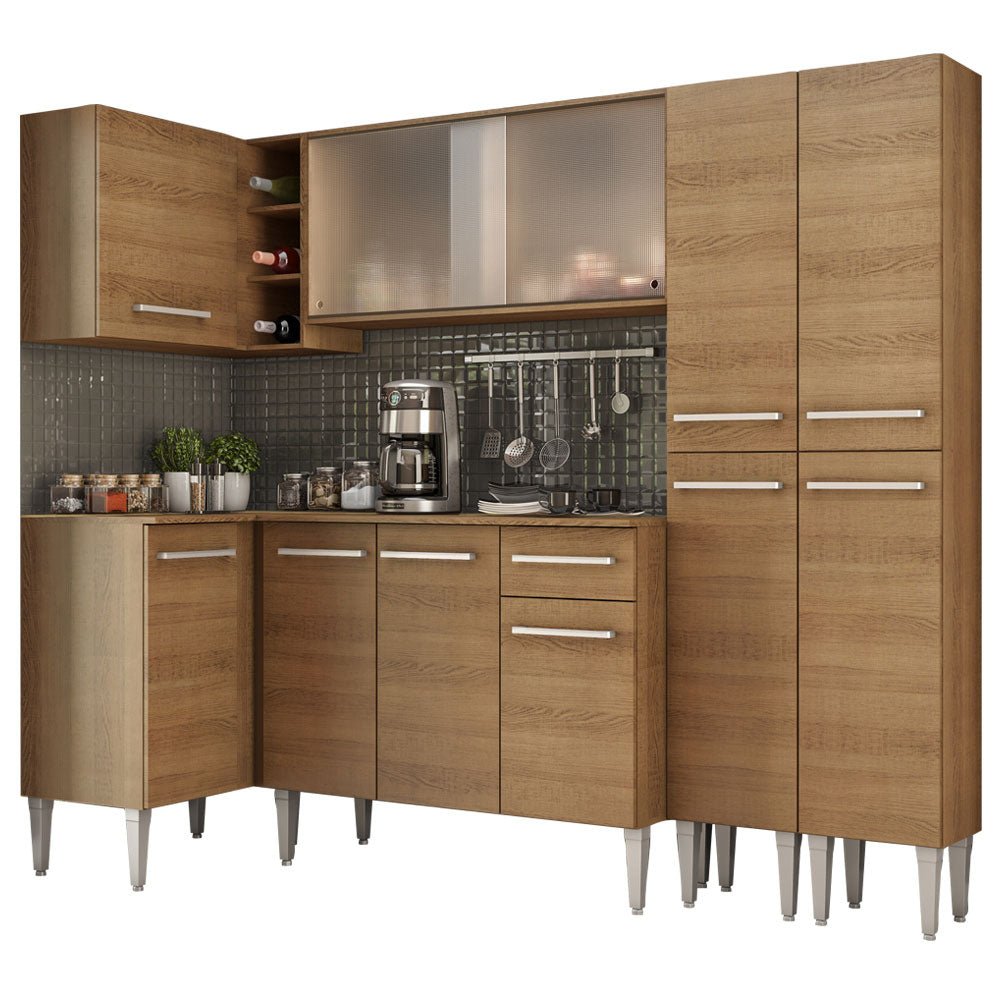 Cocina Integral Esquinero Modular Emilly Self Marron 293x186cm con Mesón de Madera Aglomerada Mdp sin Estufa con Un Cajón y con Veinte Entrepaños - COCINAS | Bylmo