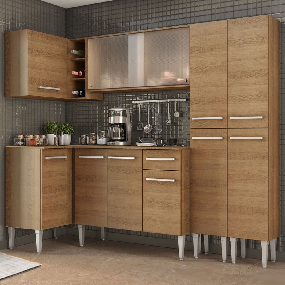 Cocina Integral Esquinero Modular Emilly Self Marron 293x186cm con Mesón de Madera Aglomerada Mdp sin Estufa con Un Cajón y con Veinte Entrepaños - COCINAS | Bylmo