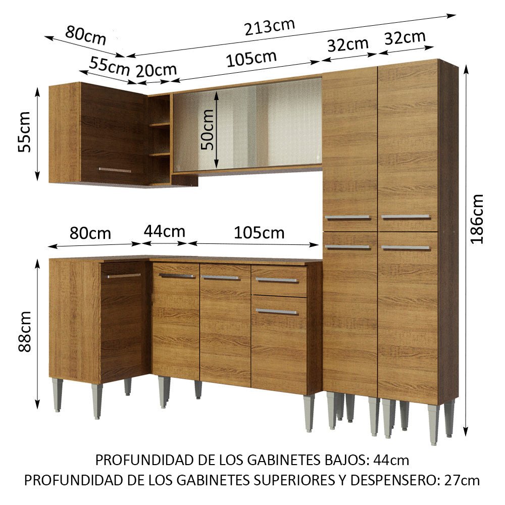 Cocina Integral Esquinero Modular Emilly Self Marron 293x186cm con Mesón de Madera Aglomerada Mdp sin Estufa con Un Cajón y con Veinte Entrepaños - COCINAS | Bylmo