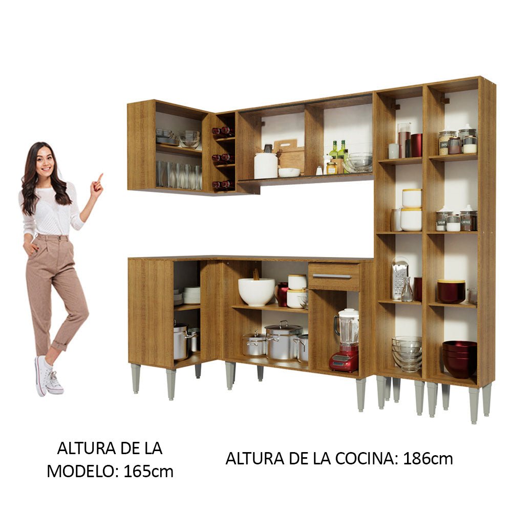 Cocina Integral Esquinero Modular Emilly Self Marron 293x186cm con Mesón de Madera Aglomerada Mdp sin Estufa con Un Cajón y con Veinte Entrepaños - COCINAS | Bylmo