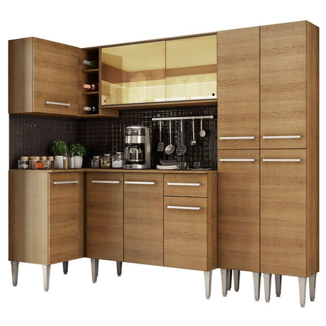 Cocina Integral Esquinero Modular Emilly Line Marron 293x186cm con Mesón de Madera Aglomerada Mdp sin Estufa con Un Cajón y con Veinte Entrepaños - COCINAS | Bylmo