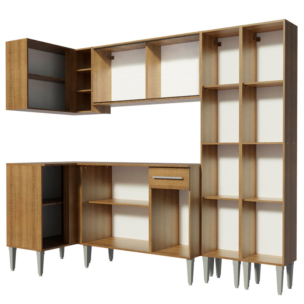 Cocina Integral Esquinero Modular Emilly Line Marron 293x186cm con Mesón de Madera Aglomerada Mdp sin Estufa con Un Cajón y con Veinte Entrepaños - COCINAS | Bylmo