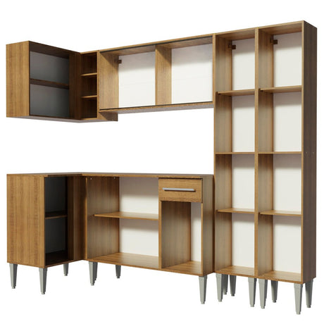 Cocina Integral Esquinero Modular Emilly Line Marron 293x186cm con Mesón de Madera Aglomerada Mdp sin Estufa con Un Cajón y con Veinte Entrepaños - COCINAS | Bylmo