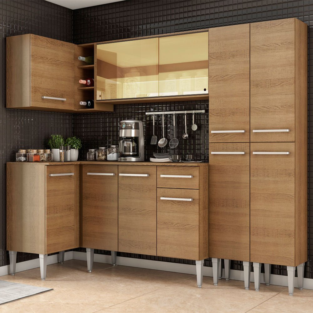 Cocina Integral Esquinero Modular Emilly Line Marron 293x186cm con Mesón de Madera Aglomerada Mdp sin Estufa con Un Cajón y con Veinte Entrepaños - COCINAS | Bylmo
