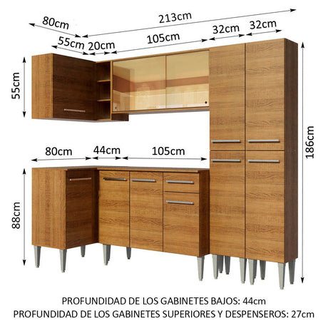 Cocina Integral Esquinero Modular Emilly Line Marron 293x186cm con Mesón de Madera Aglomerada Mdp sin Estufa con Un Cajón y con Veinte Entrepaños - COCINAS | Bylmo