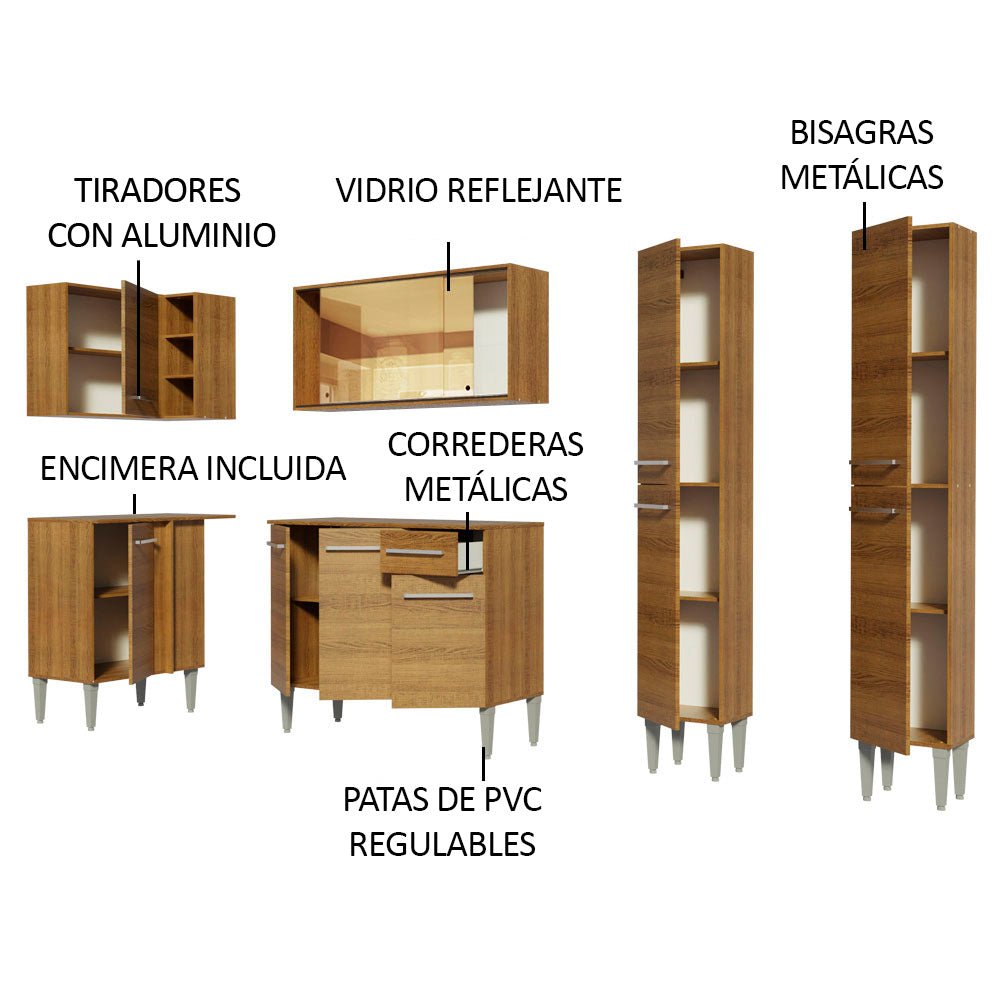 Cocina Integral Esquinero Modular Emilly Line Marron 293x186cm con Mesón de Madera Aglomerada Mdp sin Estufa con Un Cajón y con Veinte Entrepaños - COCINAS | Bylmo